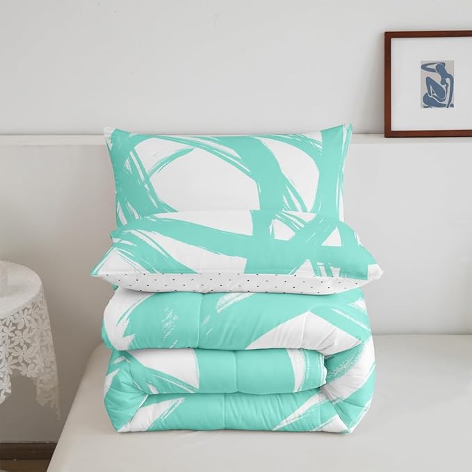 Turquoise and White Abstarct Queen Comforter Set for Adult Women Men, Geometric Striped Bedding Set for Minimalists,Graffiti Aesthetic Lines Quilt,Contemporary Boho Modern Art Duvet Insert
