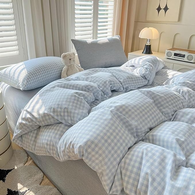 Nayoroom Blue Gingham Comforter Set Queen Size Plaid Checkered Comforter 3 Pcs Soft Lightweight Grid Farmhouse Dorm Bedding Set for All Seasons (1 Comforter, 2 Pillowcases)