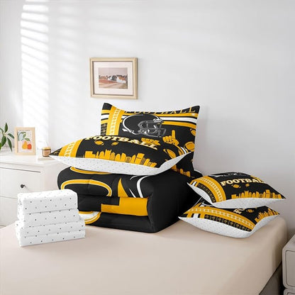 Feelyou Football 7 Pieces Comforter Sets Twin Size Bedding Set for Boys Kids Teen Sports Theme Football City Bed in a Bag with Comforter, Sheets, Pillowcases & Cushion Cover