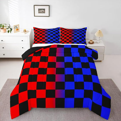 Feelyou Checkered Kids Comforter Set Twin Size Red Blue Plaid Bedding Set Cute Retro Neutral Checkerboard Geometric Duvet Quilt for Kids Boys Girls Bedroom Vintage Aesthetic Decor