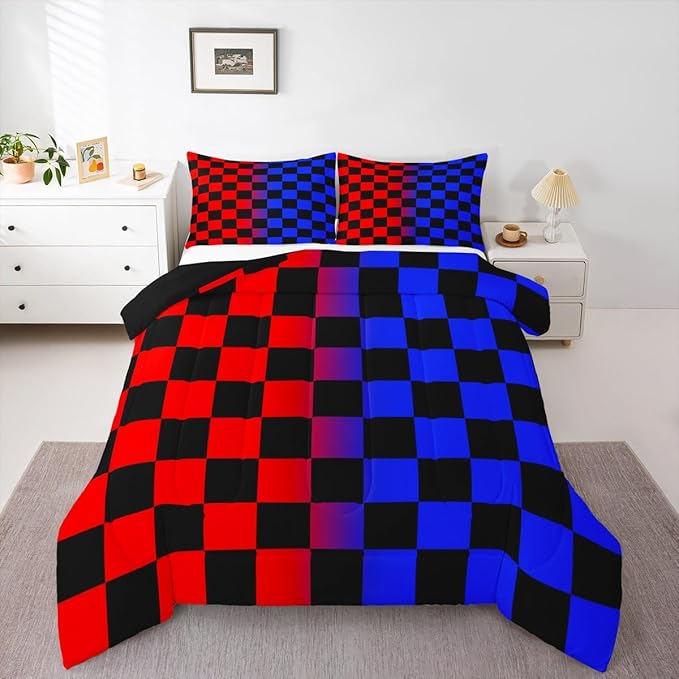 Checkered Kids Comforter Set Full Size Red Blue Plaid Bedding Set Cute Retro Neutral Checkerboard Geometric Duvet Quilt for Kids Boys Girls Bedroom Vintage Aesthetic Decor
