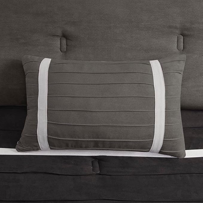 Madison Park Palmer Comforter Set - Faux Suede Design, Striped Accent, All Season Down Alternative Bedding, Matching Shams, Decorative Pillow, Bed Skirt, Queen (90 in x 90 in), Black 7 Piece