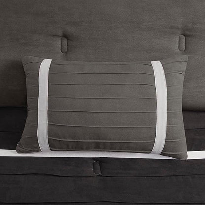 Madison Park Palmer Comforter Set - Faux Suede Design, Striped Accent, All Season Down Alternative Bedding, Matching Shams, Decorative Pillow, Bed Skirt, Queen (90 in x 90 in), Black 7 Piece
