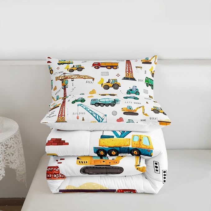 Excavator Comforter Set Twin Size, Tractor Machinery Trucks Bedding Set, Construction Vehicle Down Comforter For Kids Boys, Bulldozer Crane Equipment Truck Duvet Set 2Pcs Room Decor, Yellow Green