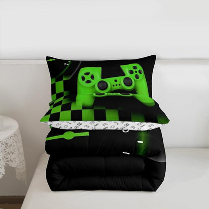 Gaming Bedding Set Queen Size Game Comforter Set for Boys Girls Kids Teens Soft Microfiber Green Modern Buttons Video Game Duvet Insert Gamer Room Decorative 3 Piece Bedding Set with 2 Pillow Shams