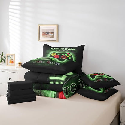 jejeloiu Green Gamer Gaming 7 Piece Bedding Set King Size for Boys Game Console Comforter Set with Sheets Kids Teens Neon Light Bed in a Bag Cool Game Room Decor Bed Set