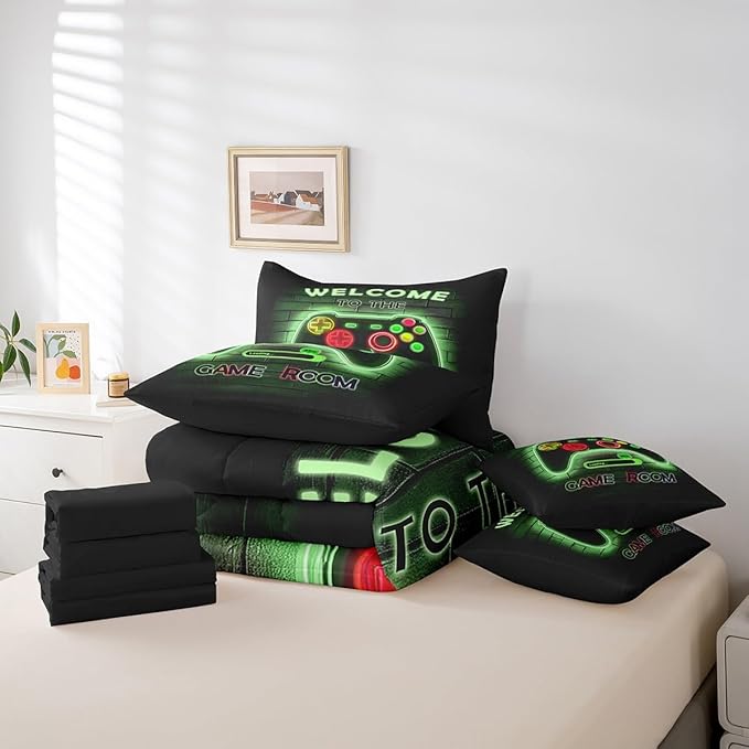 jejeloiu Green Gamer Gaming 7 Piece Bedding Set Full Size for Boys Game Console Comforter Set with Sheets Kids Teens Neon Light Bed in a Bag Cool Game Room Decor Bed Set