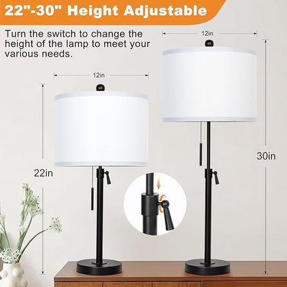 Table Lamps for Bedrooms Set of 2, 22" to 30" Height Adjustable Nightstand Lamps with Linen Shade, Pull Chain Switch Lamps for Living Room, 3 Way Dimmable Beside Lamp