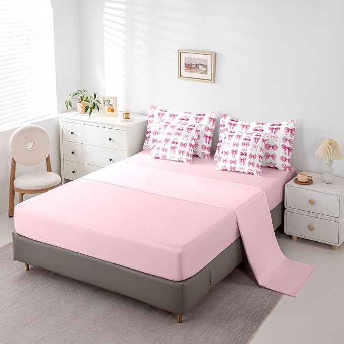 Feelyou Pink Cute Cherry Bow Comforter Set with Sheets 7 Piece Queen Size Princess Decor Bedding Set for Kids Boys Girls Pink Bow Bed in a Bag Kawaii Room Decor Soft Lightweight Microfiber
