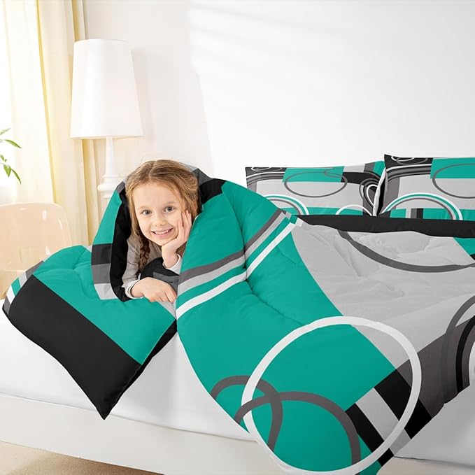 Modern Circles Swirls Bedding Twin Size Geometric Spiral Square Comforter Set Green Black Grey Bedding Sets Abstract Gromment Plaid Quilted Duvet Chic Graphic Texture Artwork Down Comforter, 2Pcs