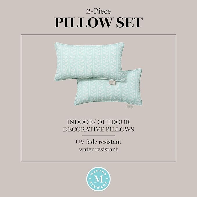 Martha Stewart Vineyard Vines Indoor Outdoor Decorative Lumbar Pillow 2-Pack Set, UV Fade Resistant, Water Repellent, Printed Garden Design, Aqua Blue, 11"x18"