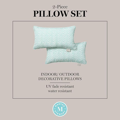Martha Stewart Vineyard Vines Indoor Outdoor Decorative Lumbar Pillow 2-Pack Set, UV Fade Resistant, Water Repellent, Printed Garden Design, Aqua Blue, 11"x18"