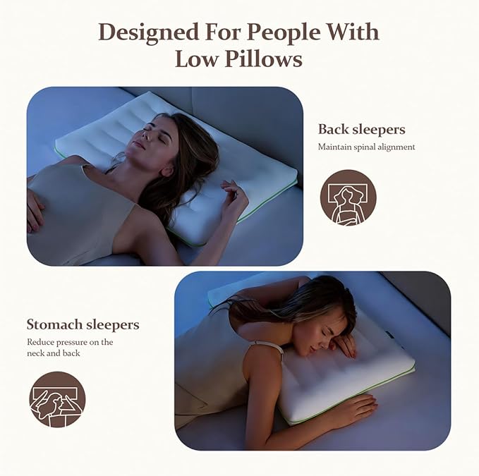 Low Profile Flat Thin Pillow (3.35″) for Stomach & Back Sleepers, Soft Flat Bed Pillow with 7D Fiber Fill & Cotton Cover, Standard Size, Machine Washable