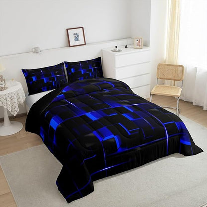 Erosebridal Neon Blue Black Comforter Set Twin Size 2 Piece Geometric Kids Bedding Set Honeycomb Comforter for Teens Women Adult Bedroom Decor, Aesthetics Modern Quilt