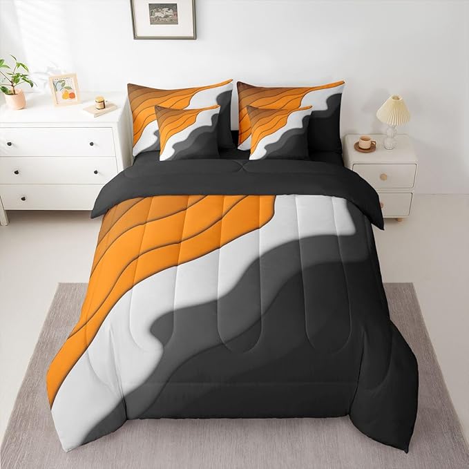 Orange Grey Black Ombre Bedding Twin Size 7-Piece Kids Teens Adults Geometric Stripe Comforter Set, Aesthetic Wave Bedding Comforter Sets Modern Abstract Bed in a Bag, Gradient Bedding Accessories