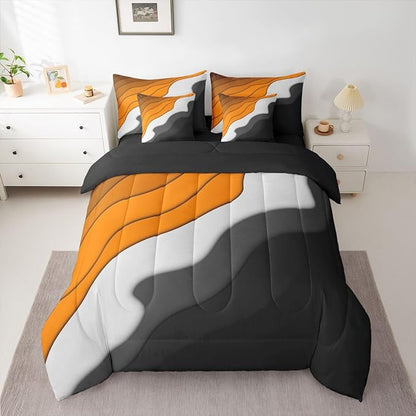 Orange Grey Black Ombre Bedding Twin Size 7-Piece Kids Teens Adults Geometric Stripe Comforter Set, Aesthetic Wave Bedding Comforter Sets Modern Abstract Bed in a Bag, Gradient Bedding Accessories