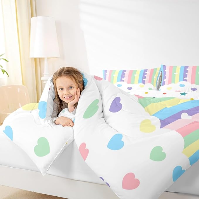 Erosebridal Love Heart Down Comforter King Size，Cartoon Rainbow Comforter Set for Kids Teens Boys Girls, Kawaii Decor Quilt for All Season, Stripes Quilt, Colorful