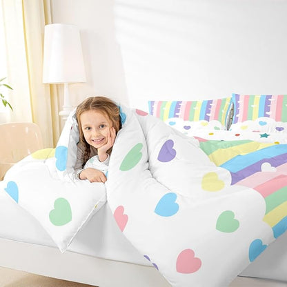 Erosebridal Love Heart Down Comforter King Size，Cartoon Rainbow Comforter Set for Kids Teens Boys Girls, Kawaii Decor Quilt for All Season, Stripes Quilt, Colorful