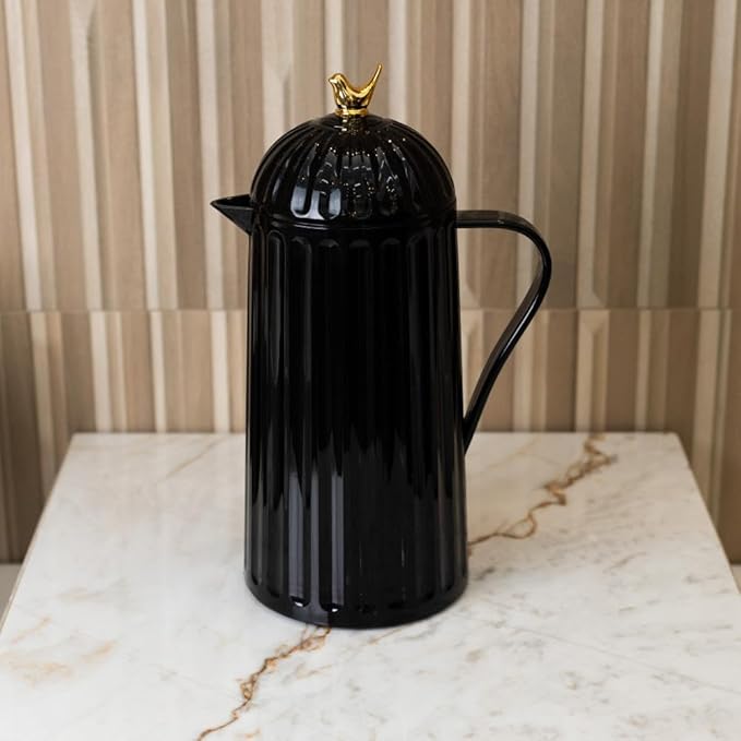 WOLFF - Bird Thermal Coffee Carafe - Hot or Cold Drinks, Plastic Exterior and Glass Insulation Lining Flask Coffee Dispenser, Thermal Bottle for Beverages, Tea and Water Pitcher- Black, 34floz/1L