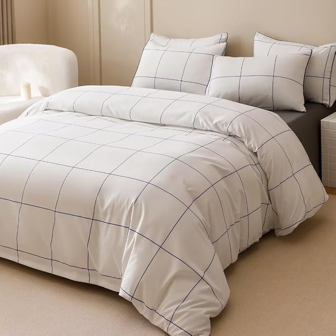 CLOTHKNOW White Grid Queen Comforter Set Plaid Bedding Comforter Sets Soft Big Checker Comforter and 2 x Pillow Cases