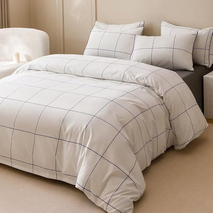 CLOTHKNOW White Grid Queen Comforter Set Plaid Bedding Comforter Sets Soft Big Checker Comforter and 2 x Pillow Cases