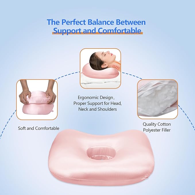 Ear Piercing Pillow for Side Sleepers, Pillow with an Ear Hole for CNH and Ear Pain Ear Inflammation Pressure Sores (Light Pink Silk, 17.3"x12.6"x2")