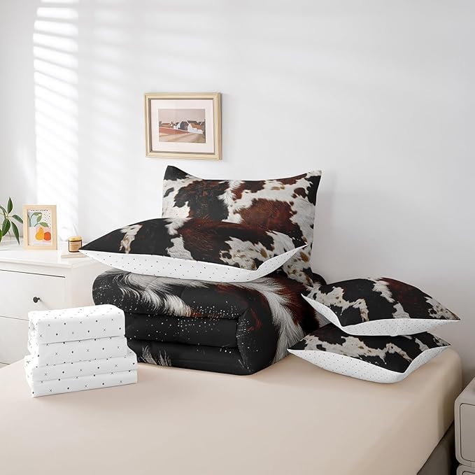 Erosebridal 7 Pieces Highland Cow Print Bedding King Size Cow Fur Printed Comforter Set, Brown and White Bedding Comforter Sets Milk Cow Bed in a Bag, Farm Animal Faux Skin Bedding Accessories