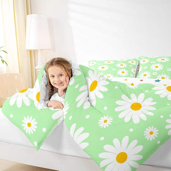 Erosebridal Girls King Bedding Set Green Daisy Floral Comforter Set for Kids Teen Adults,Cute Cartoon Flower Comforter Rustic Floral Daisy Duvet Insert for Bedroom All Season