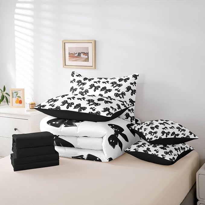 Erosebridal Black Bowknot Girls Kids Full Comforter Set 7 Pieces | White Polka Dots Bed in A Bag for Bedroom Kawaii Ribbon Bow Bedding Set with Comforters Teens Women Room Decor