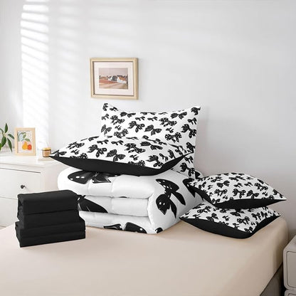 Erosebridal Black Bowknot Girls Kids Full Comforter Set 7 Pieces | White Polka Dots Bed in A Bag for Bedroom Kawaii Ribbon Bow Bedding Set with Comforters Teens Women Room Decor