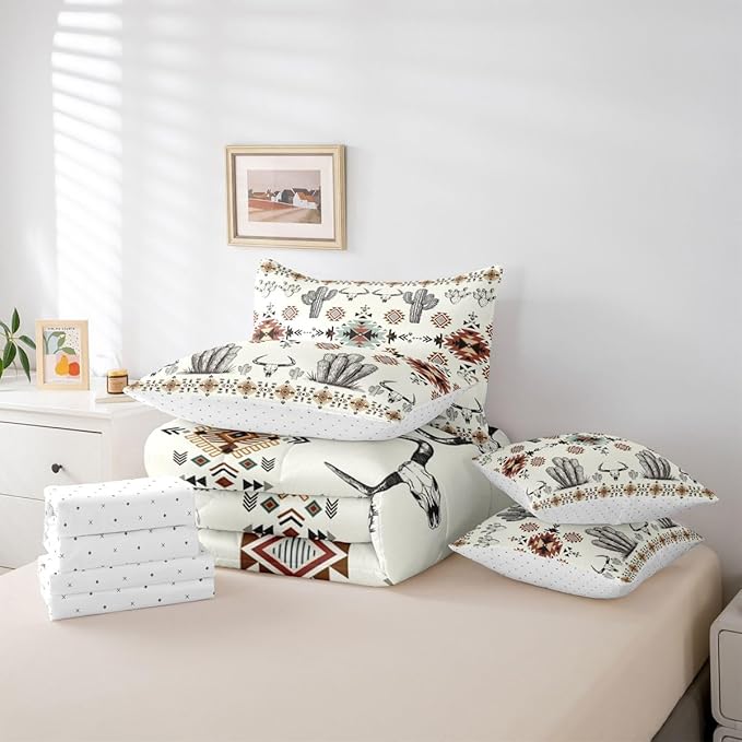 Erosebridal Khaki Southwestern Twin Comforter Set with Sheets 7 Piece Vintage Western Aztec Bed in A Bag Rustic Country Geometric Bedding Sets for Women Men Boho Tribal Cactus Bull Skull Bed Set