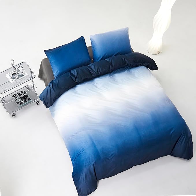 Cottonight Velvet Fluffy Comforter Full Blue Gradient Plush Flannel Bedding Set Women Men Thick Warm Winter Blanket Quilts Sherpa Micromink Ink Color Navy Blue Plush Fashion Bedding