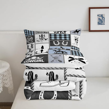 Western Cowgirl Girly Comforter Set Twin Size,Cactus Horseshoe Cow Skull Bow Bedding Set,Girls Women Room Decor,Cowgirl Boot Geometric Plaids Down Comforter,Blue Rustic Duvet Insert,1 Pillowcase