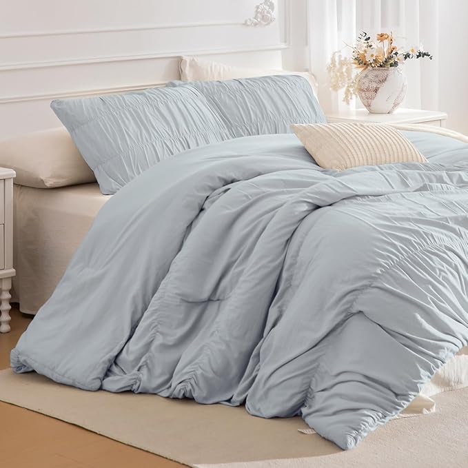 Lady Ann Queen Comforter Set Light Blue Ruched Bedding Comforter Sets for Bedroom, Ultra Soft Ruffle Fluffy Queen Size Shabby and Chic Bed Sets, 3PCS