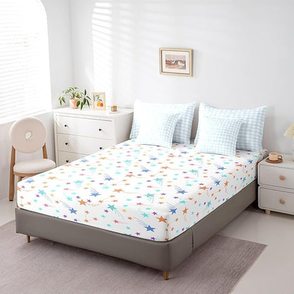 Feelyou Blue Bow Comforter Set with Sheets King Size Kids Bowknot Pliad 7 Pieces Bedding Set for Boys Girls Teens Gift for Girls Women Grid Bed in a Bag Breathable Princess Décor Bed Set