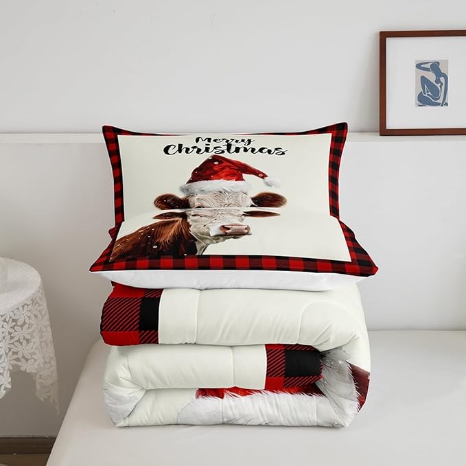 Christmas Farmhouse Twin Size Comforter Set for All Seasons,Xmas Cow Cattle Animal Bedding Set Teens Bedroom Decor,Vintage Cabin Red Plaid Comforter Inner Fill with 1 Pillowcase