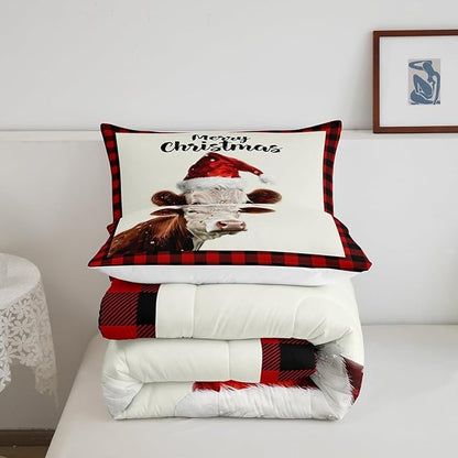 Christmas Farmhouse Boys Girls Comforter Set,Vintage Cabin Red Plaid Duvet Set for Room Decor,Xmas Cow Cattle Animal Brushed Microfiber Soft Quilt Cover,Full