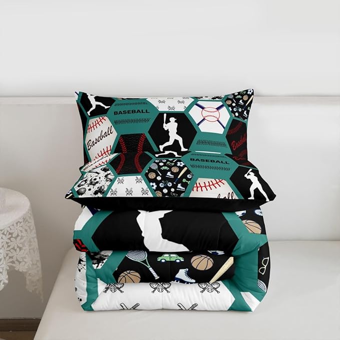 Erosebridal Boys Comforter Set Full,Baseball Sports Bedding Comforter Set Full for Kids,Baseball Player Bat Bedding,Geometric Ball Game Duvet Insert with 2 Pillowshams All Season,Green White Black
