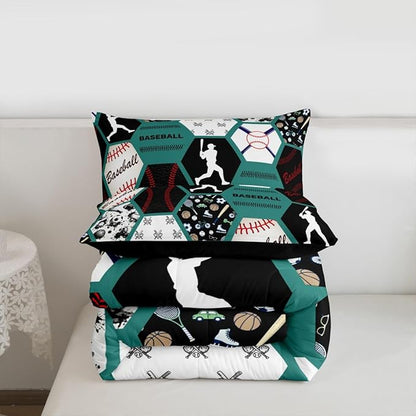 Erosebridal Boys Comforter Set Full,Baseball Sports Bedding Comforter Set Full for Kids,Baseball Player Bat Bedding,Geometric Ball Game Duvet Insert with 2 Pillowshams All Season,Green White Black