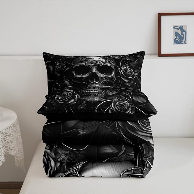 Erosebridal Gothic Bedding Set for Adluts Kids Teens Goth Skull Toddler Comforter Vintage Victorian Romantic Gray Rose Floral Quilt Spooky Grunge Skeleton Boho Horror Bedding,Gothic Decor