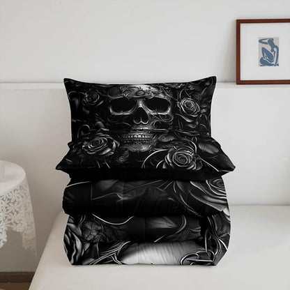 Erosebridal Gothic Bedding Set for Adluts Kids Teens Goth Skull Twin Comforter Set Vintage Victorian Romantic Gray Rose Floral Quilt Spooky Grunge Skeleton Boho Horror Bedding,Gothic Decor