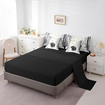 Erosebridal Black Bear Comforter Sets with Sheets, Forest Bear Bedding Set King for Boys Girls Snow Winter Theme 7Pcs Bed in A Bag Wild Animal Bed Set