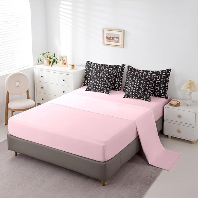 Erosebridal Love Hearts Bowknot Black Pink 7 Piece Bedding Set Twin | Bow Kawaii Cute Dreamy Comforter Set with Sheets Ribbon Girly Kids Bed in A Bag Teens Adults Women Bed Sets