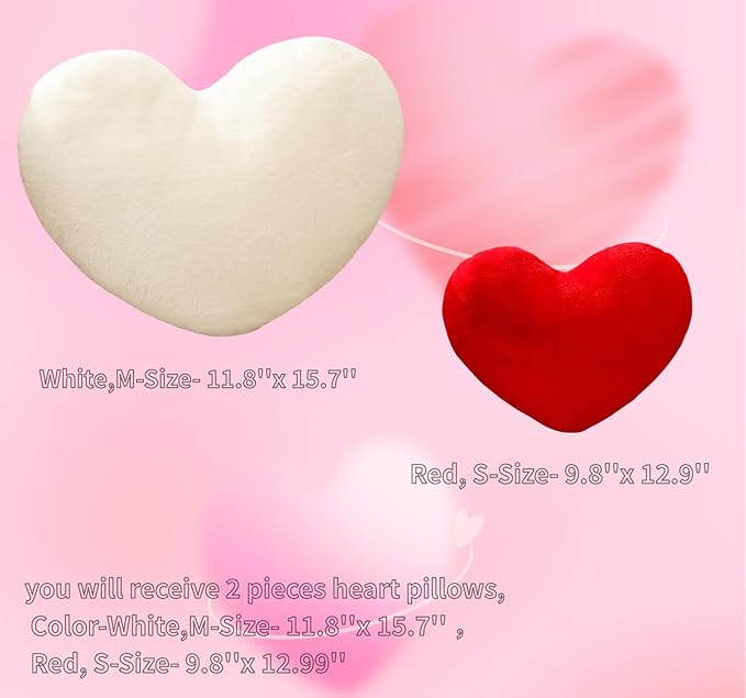 2 Pcs Heart Pillows Red White Love Heart Shaped Throw Pillows Valentines Wedding Anniversary Faux Rabbit Fluffy Decorative Cushions for Livingroom Bed Sofa Car Couch Home Decor Aesthetic