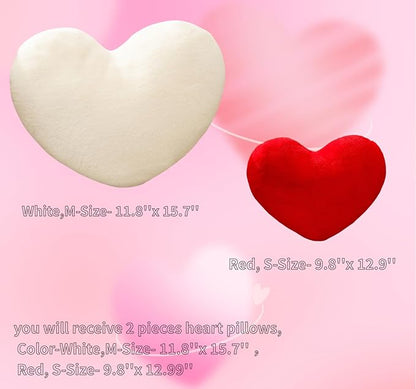 2 Pcs Heart Pillows Red White Love Heart Shaped Throw Pillows Valentines Wedding Anniversary Faux Rabbit Fluffy Decorative Cushions for Livingroom Bed Sofa Car Couch Home Decor Aesthetic