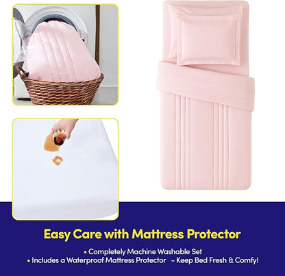 Twin Size Comforter Set Quilted Stripe Bedding Bundle – Stylish Set with Comforter, Mattress Protector, Sheet Set & Pillow Shams — Sophisticated Striped Design for Home & Guest Rooms, Pale Pink