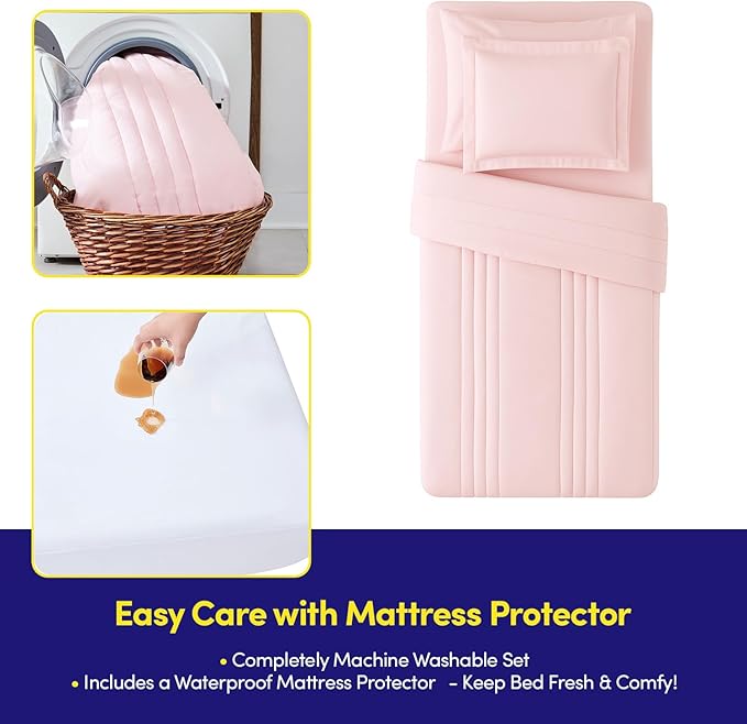 Twin XL Comforter Set College Dorm Bedding Bundle (Twin XL) – Dorm Upgrade with Comforter, Mattress Protector, Sheet Set & Pillow Sham — Stylish Quilted Stripe for Students & Shared Rooms, Pale Pink