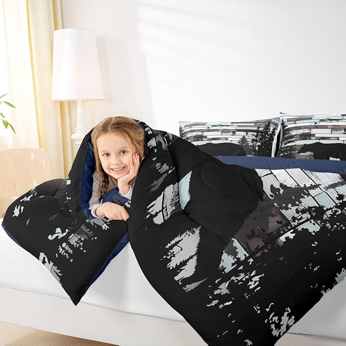 Feelyou Bear Print Bedding Set Wild Animal Comforter Set for Kids Boys Girls Hunting Theme Comforter Pine Trees Retro Quilt Set Bedroom Collection 3Pcs King Size
