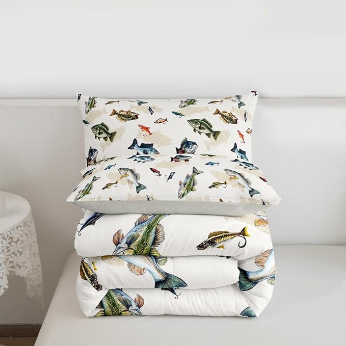 Erosebridal Camo Fishing King Comforter Set - Pike Fish Big Bass Bedding Set for Boys Kids | Hunting Themed Camouflage Quilt | Lake House Fisherman Bedroom Decor with 2 Pillowcases