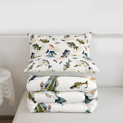 Erosebridal Camo Fishing King Comforter Set - Pike Fish Big Bass Bedding Set for Boys Kids | Hunting Themed Camouflage Quilt | Lake House Fisherman Bedroom Decor with 2 Pillowcases